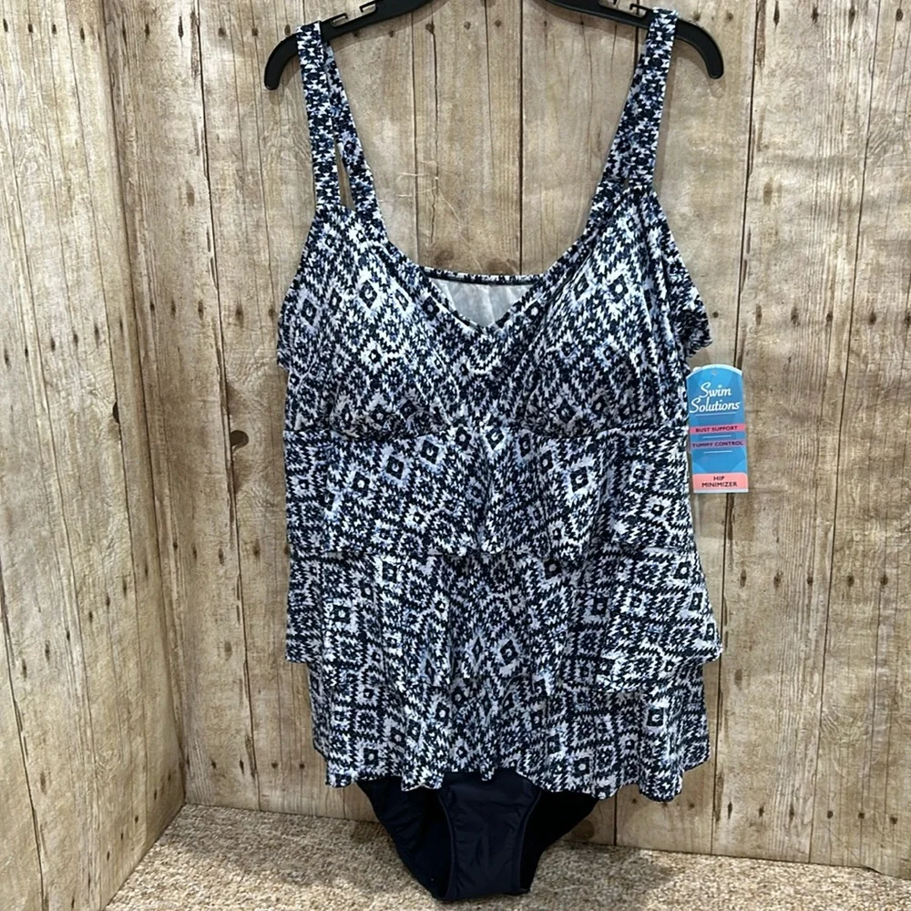 Swim Solutions Triple Tier Fauxkini One Piece Swimsuit Navy Size 22W